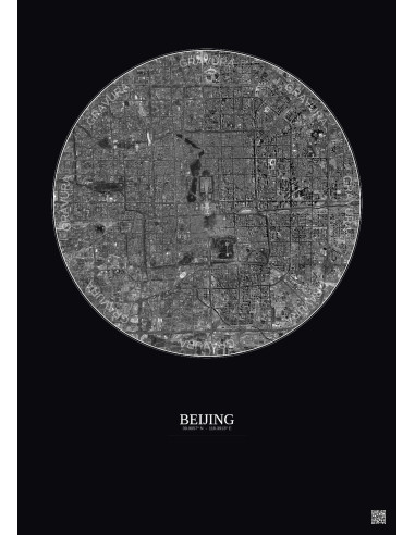 Affiche Beijing – Poster vue satellite 10km N&B | Gravura – Fond foncé
