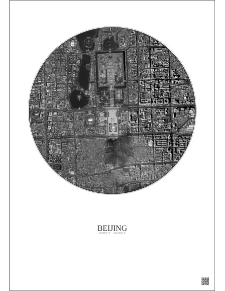 Affiche Beijing – Poster vue satellite 2.5km N&B | Gravura – Fond clair