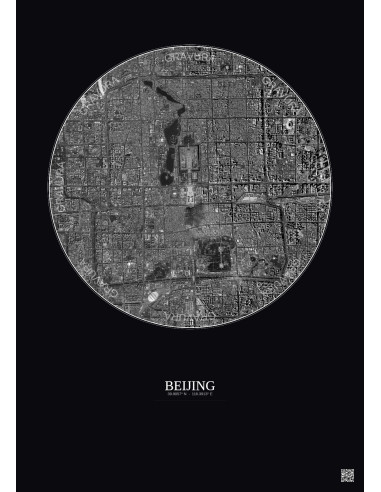 Affiche Beijing – Poster vue satellite 6km N&B | Gravura – Fond foncé