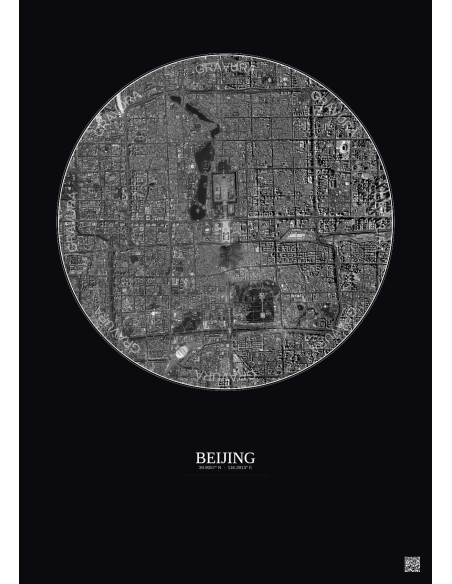 Affiche Beijing – Poster vue satellite 6km N&B | Gravura – Fond foncé