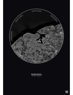 Affiche Havana – Poster vue satellite 10km N&B | Gravura – Fond foncé