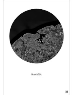 Affiche Havana – Poster vue satellite 10km N&B | Gravura – Fond clair