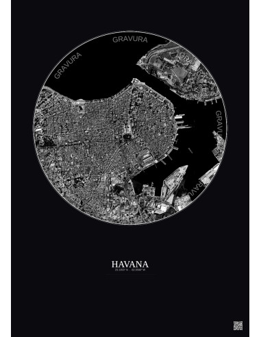 Affiche Havana – Poster vue satellite 2.5km N&B | Gravura – Fond foncé
