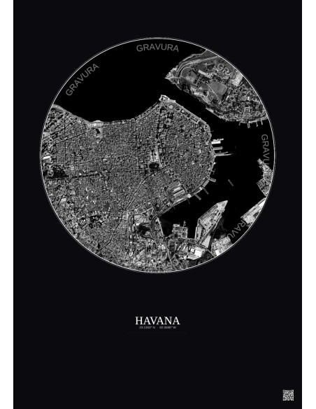 Affiche Havana – Poster vue satellite 2.5km N&B | Gravura – Fond foncé