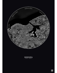 Affiche Havana – Poster vue satellite 6km N&B | Gravura – Fond foncé