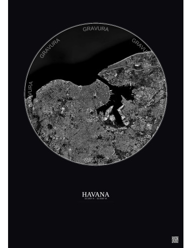 Affiche Havana – Poster vue satellite 6km N&B | Gravura – Fond foncé