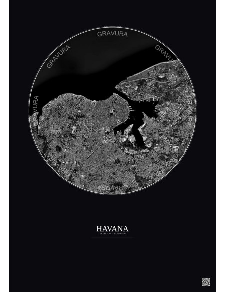 Affiche Havana – Poster vue satellite 6km N&B | Gravura – Fond foncé