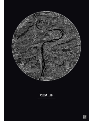 Affiche Prague – Poster vue satellite 6km N&B | Gravura – Fond foncé