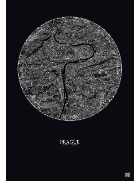 Affiche Prague – Poster vue satellite 6km N&B | Gravura – Fond foncé