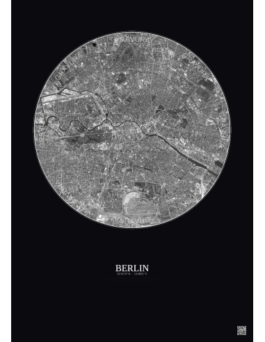 Affiche Berlin – Poster vue satellite 6km N&B | Gravura – Fond foncé