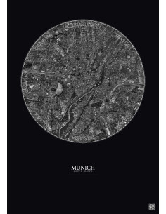 Affiche Munich – Poster vue satellite 5km N&B | Gravura – Fond foncé