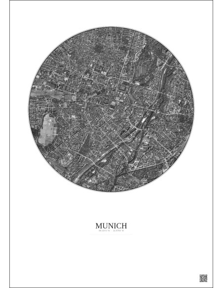 Affiche Munich – Poster vue satellite 2.5km N&B | Gravura – Fond clair