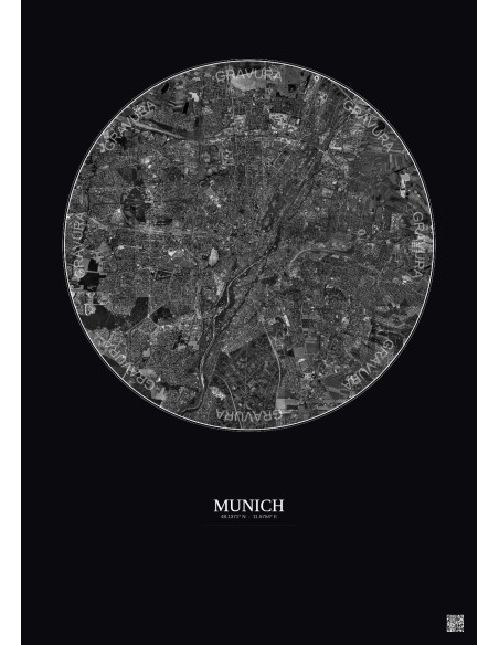 Munich Satellite View Poster 10km B&W | Gravura – Dark background