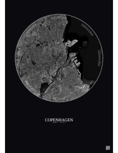 Affiche Copenhagen – Poster vue satellite 10km N&B | Gravura – Fond foncé