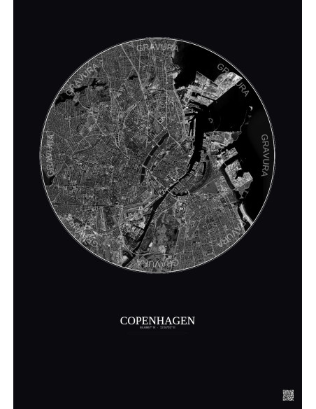 Affiche Copenhagen – Poster vue satellite 6km N&B | Gravura – Fond foncé