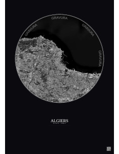 Affiche Algiers – Poster vue satellite 10km N&B | Gravura – Fond foncé