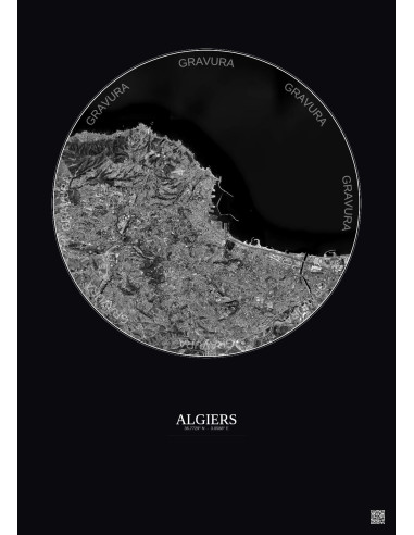 Affiche Algiers – Poster vue satellite 10km N&B | Gravura – Fond foncé