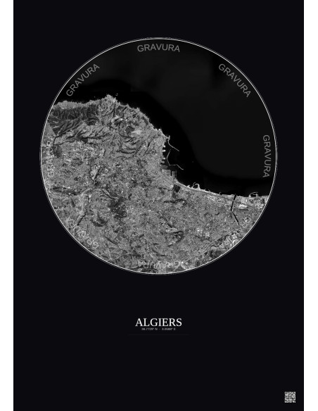 Affiche Algiers – Poster vue satellite 10km N&B | Gravura – Fond foncé
