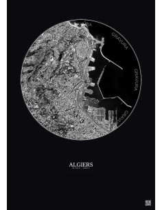 Affiche Algiers – Poster vue satellite 2.5km N&B | Gravura – Fond foncé