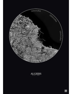 Affiche Algiers – Poster vue satellite 6km N&B | Gravura – Fond foncé