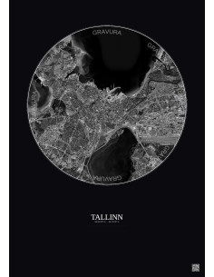 Affiche Tallinn – Poster vue satellite 6km N&B | Gravura – Fond foncé