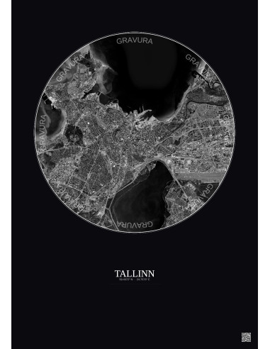 Affiche Tallinn – Poster vue satellite 6km N&B | Gravura – Fond foncé