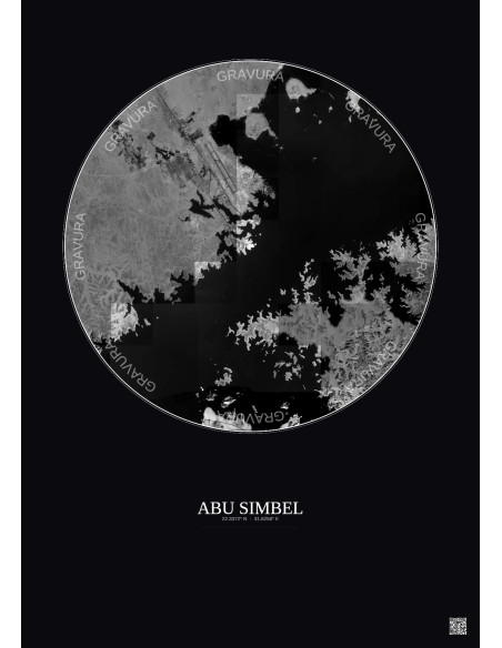 Affiche Abu Simbel – Poster vue satellite 10km N&B | Gravura – Fond foncé