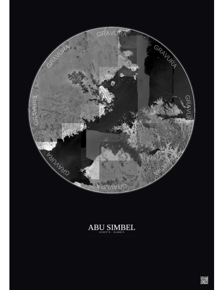 Abu Simbel Satellite View Poster 20km B&W | Gravura – Dark background