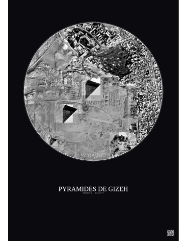 Affiche Pyramides De Gizeh – Poster vue satellite 1km N&B | Gravura – Fond foncé