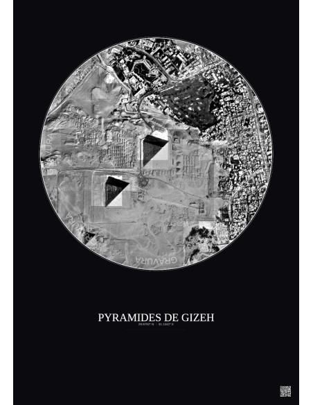 Affiche Pyramides De Gizeh – Poster vue satellite 1km N&B | Gravura – Fond foncé