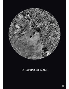 Affiche Pyramides De Gizeh – Poster vue satellite 2.5km N&B | Gravura – Fond foncé