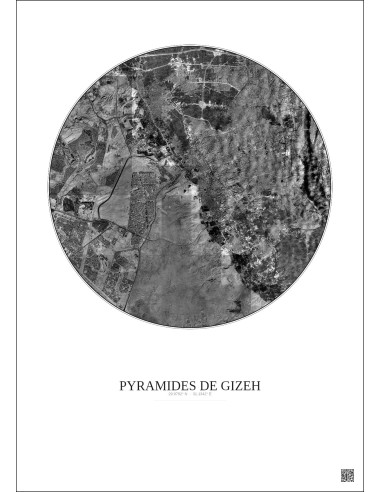 Affiche Pyramides De Gizeh – Poster vue satellite 10km N&B | Gravura – Fond clair