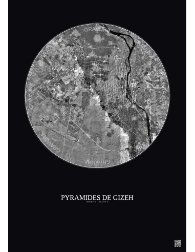 Affiche Pyramides De Gizeh – Poster vue satellite 20km N&B | Gravura – Fond foncé