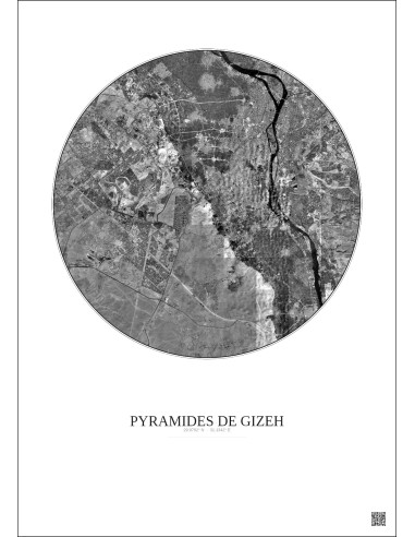 Affiche Pyramides De Gizeh – Poster vue satellite 20km N&B | Gravura – Fond clair