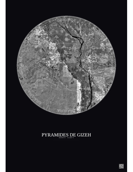 Affiche Pyramides De Gizeh – Poster vue satellite 30km N&B | Gravura – Fond foncé
