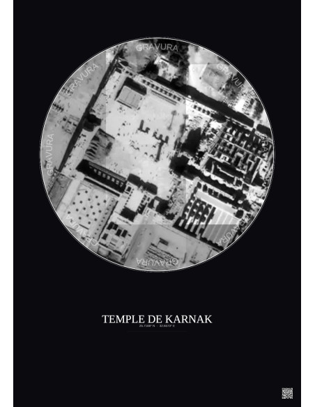 Affiche Temple De Karnak – Poster vue satellite 0.1km N&B | Gravura – Fond foncé