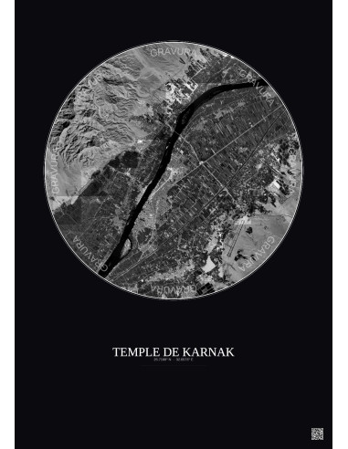 Temple De Karnak Satellite View Poster 10km B&W | Gravura – Dark background