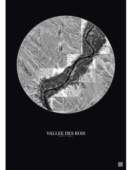Affiche Vallee Des Rois – Poster vue satellite 30km N&B | Gravura – Fond foncé