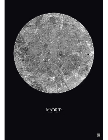 Affiche Madrid – Poster vue satellite 10km N&B | Gravura – Fond foncé