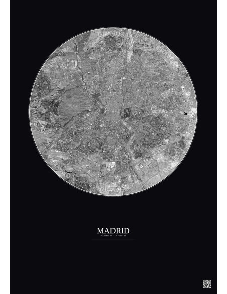 Affiche Madrid – Poster vue satellite 10km N&B | Gravura – Fond foncé