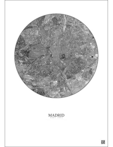 Madrid Satellite View Poster 10km B&W | Gravura – Light background