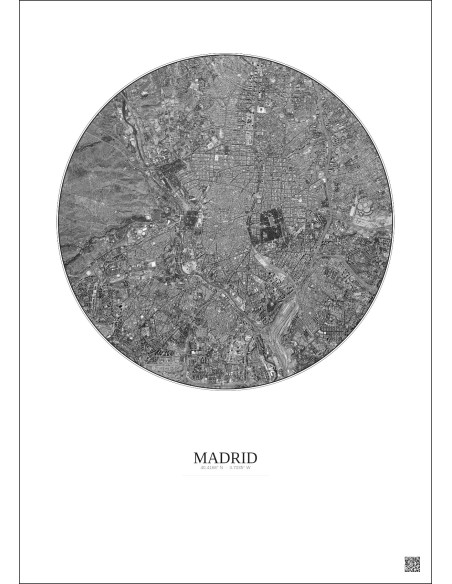 Madrid Satellite View Poster 6km B&W | Gravura – Light background