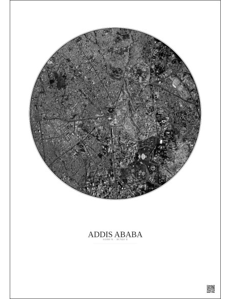 Affiche Addis Ababa – Poster vue satellite 2.5km N&B | Gravura – Fond clair