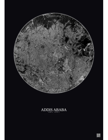 Affiche Addis Ababa – Poster vue satellite 6km N&B | Gravura – Fond foncé