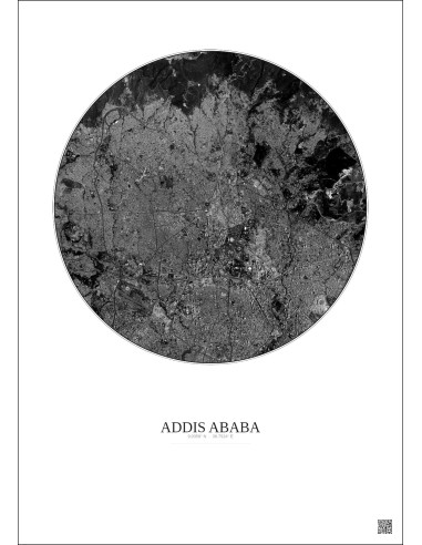 Affiche Addis Ababa – Poster vue satellite 6km N&B | Gravura – Fond clair
