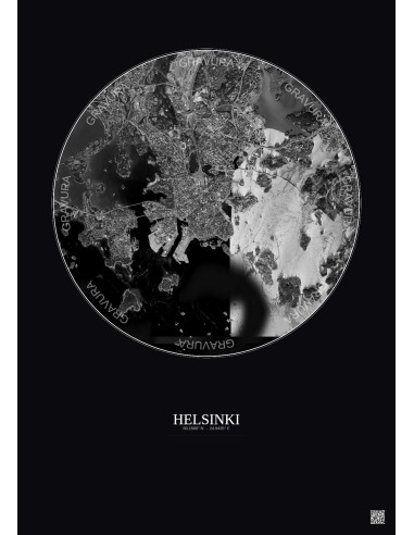 Affiche Helsinki – Poster vue satellite 6km N&B | Gravura – Fond foncé