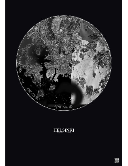 Affiche Helsinki – Poster vue satellite 6km N&B | Gravura – Fond foncé