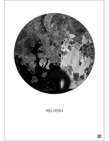 Affiche Helsinki – Poster vue satellite 6km N&B | Gravura – Fond clair