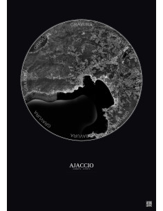 Affiche Ajaccio – Poster vue satellite 10km N&B | Gravura – Fond foncé