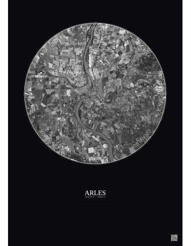 Affiche Arles – Poster vue satellite 10km N&B | Gravura – Fond foncé
